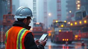 Construction Worker Using Smartphone on Job Site, construction site, hard hat, safety vest, mobile phone, communication