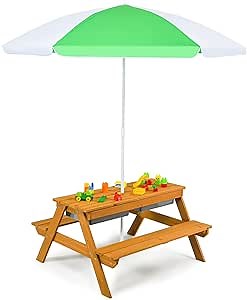 Kids Picnic Table, 3-in-1 Toddler Picnic Table with Height Adjustable Umbrella, Kids Outdoor Table with Detachable Tabletop & Remove Play Boxes, Water Table for Garden, Yard (Natural)