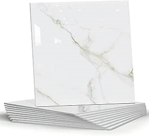 10 Sheets Marble Peel and Stick Backsplash Tile, 12"x12" Waterproof PVC Self Adhesive Tile Shower Wall Panels for Bathroom, Kitchen, Living Room (White Marble)