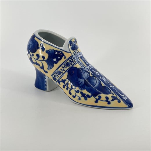 Vintage Blue and Yellow White Chinoiserie Porcelain High Heel Shoe Vase Planter - Etsy