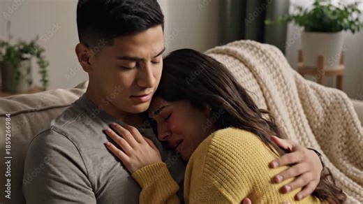 Caring adult man comforting his sad crying woman on a sofa at home. Concept of empathy and emotional support