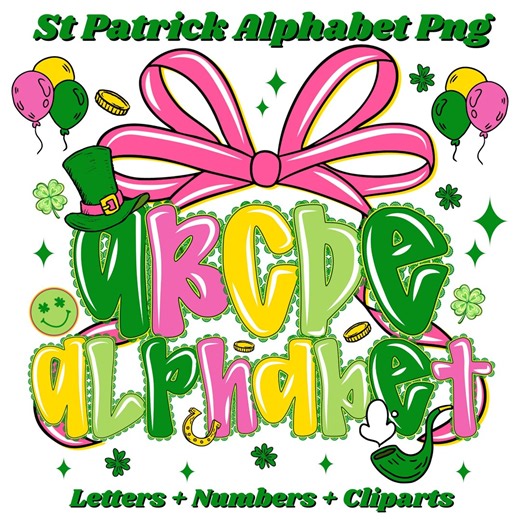 St Patrick's Day Alphabet PNG Font Bundle Green Shamrock Letters Irish Bow Numbers Festive Clipart Sublimation Design - Etsy