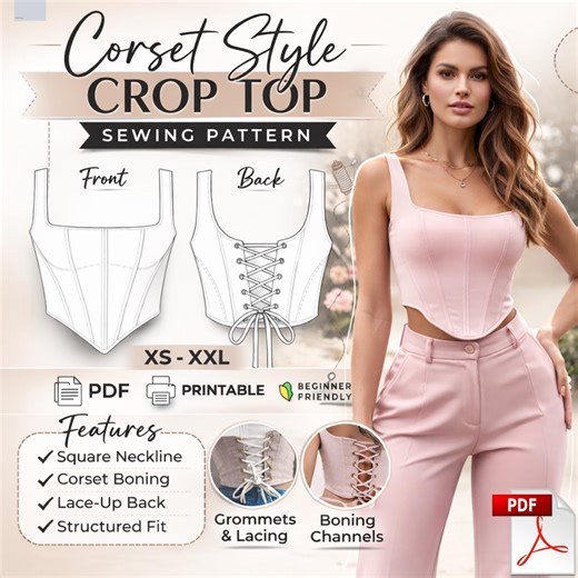 Corset Style Crop Top Sewing Pattern PDF | Square Neck Lace up Back Top | Bustier Bodice With Boning | XS-XXL | Beginner Friendly Digital - Etsy Canada