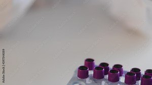 Process of coronavirus testing examination by nurse medic in laboratory lab, COVID-19 swab collection kit, test tube for taking OP NP patient specimen sample, patient receiving a corona test