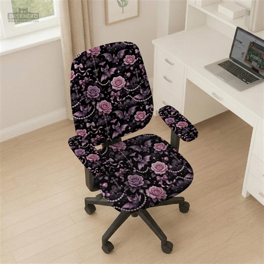 Desk Chair Cover, Stretchable Office Chair Slipcover With Arms, Pink Goth Rose Bat Computer Chair Cover, Washable High Back Seat Decor - Etsy