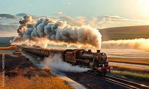 A vintage steam locomotive chugging along a scenic railway, its rhythmic clanging echoing through the countryside. 4K Video
