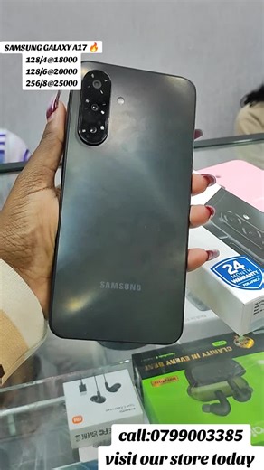 SAMSUNG GALAXY A17 4G 🔥 Samsung Galaxy A17 4G Key Features RAM: 4GB, 6GB,8GB Internal Storage: 128GB, 256GB Display: 6.7-inch, Super AMOLED Operating System: Android 15, up to 6 major upgrades, One UI 7 Chipset: MediaTek Helio G99 (6nm) processor Camera: 13MP front; 50MP 2MP main camera Connectivity: 4G, Bluetooth 5.3, NFC, GPS, Wi-Fi Colorways: Blue Black, Light Gray, Light BLUE #bestprice #phonesandaccessories #creatorsearchinsights #bestsmartphoneseller #samsung