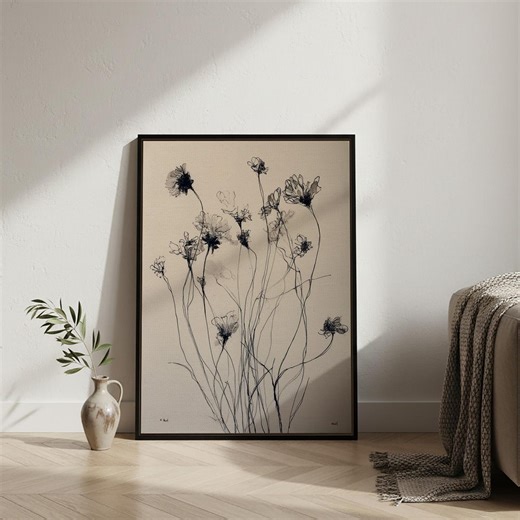 Minimal Floral Line Art Framed Canvas Art, Black Ink Wildflower Illustration, Neutral Botanical Wall Decor for Modern Living Room Interior - Etsy