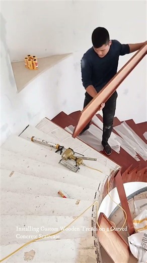 Installing Custom Wooden Treads on a Curved Concrete Staircase
