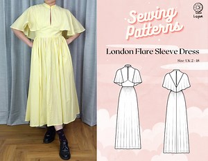 Cape Flutter Sleeve Mandarin Collar Keyhole Maxi Dress Digital PDF Sewing Pattern // London Flare Dress >> Size UK 2-18 - Etsy