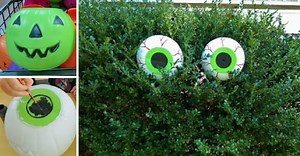 Bush Eyes - Turn Dollar Store Plastic Pumpkins into Spooky Eyes to Freak Out Your Neighbors for Halloween.