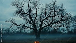 Eerie autumn scene Jack-o'-lantern glows before a bare, silhouetted tree in a misty field at dusk