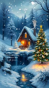 Winter Wonderland Serenity: Softly glows the cabin's gentle light, a haven from winter's peaceful night. Snowflakes dance, and pine trees sway, as the river's gentle voice whispers away ✨✨✨ #ChristmasMagic #WinterBliss #WinterWonderland #CozyWinter #SnowDay #LetItSnow #WinterVibes #WinterLandscapes #NatureInWinter | Christmas Magic & Winter Bliss
