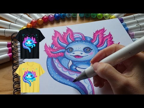 Cute blue AXOLOTL - drawing AXOLOTL with markers - art and design