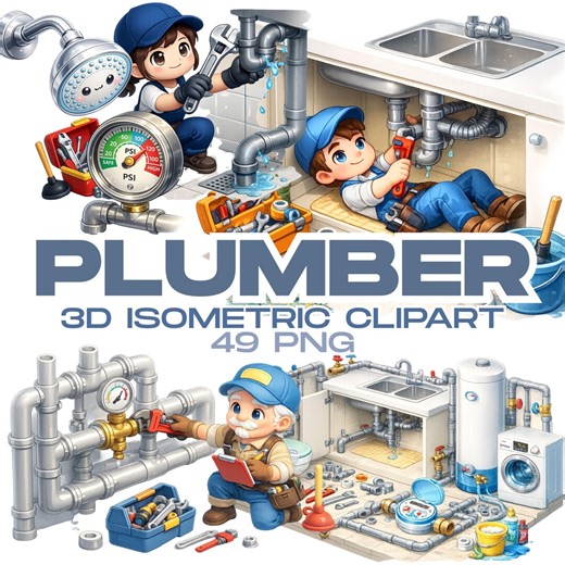 Plumber 3D Isometric Clipart | 49 PNG Plumbing Graphics | Repair Tools & Pipes Digital Clipart Set - Etsy