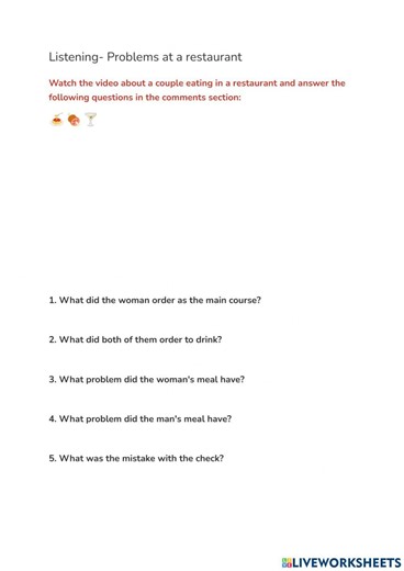 Problems at a restaurant worksheet