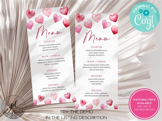 Love is in the Air Bridal Shower Menu Cards Valentine's Bridal Shower Menu Cards, Pink and Red Hearts, Sweetheart Bridal Shower Menu Cards - Etsy