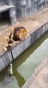 Lion Carries Cubs Over Water Gap