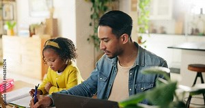 Laptop, homework and father with kid in house for remote work, education and child development. Computer, family and dad with freelance job sitting with girl student for activity with coloring book.