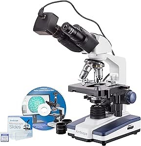 AmScope 40X-2500X LED Binocular Compound Microscope with 50pc Blank Slides and 5MP Camera