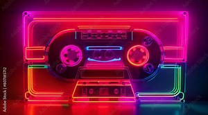 Neon cassette. Nostalgia of the 90s. Audio cassette for listening to music.