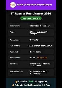 BANK OF BARODA IT RECRUITMENT 2026 | 418 IT JOBS | Full Stack / AI / Cloud | Apply Now! #shorts