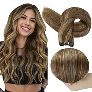 Full Shine Weft Hair Extensions Brown Sew In Extensions Remy Hair Highlight Hair Weft Sew In Color Brown Highlight Honey Blonde Human Hair 16 Inch 105G