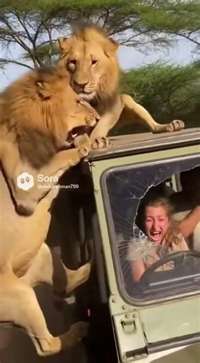 Two Lions Attack a Jeep in a Shocking Wildlife Encounter 🦁🚙