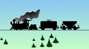 The train moves across the wooded countryside. Cartoon video.
