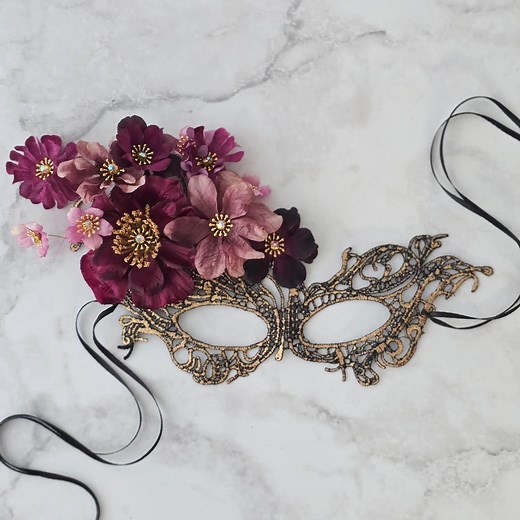 Gold Lace Masquerade Mask With Flowers: Dusty Rose & Burgundy - Etsy