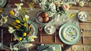 Easter tablescape decoration, floral holiday table decor for family celebration, spring flowers, Easter eggs, Easter bunny and vintage dinnerware, English country and home styling idea