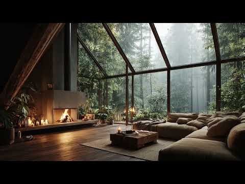 Rain in Forest Cabin 🌧️ Fireplace & Smooth Jazz (Sinatra Style)| Relaxing Sleep & Study Ambience