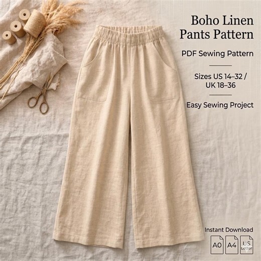 Boho Linen Pants Sewing Pattern PDF Plus Size Wide Leg US 14-32 Beginner Project - Etsy