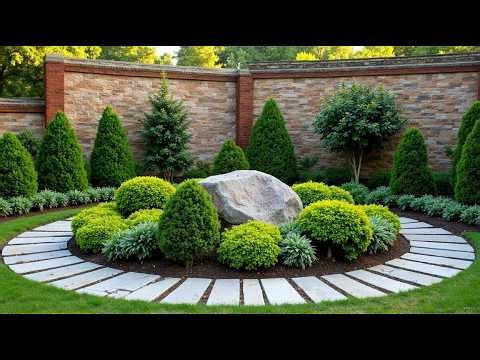 Serene Garden Oasis: Harmonizing Circular Shrubs and Stone Pathway