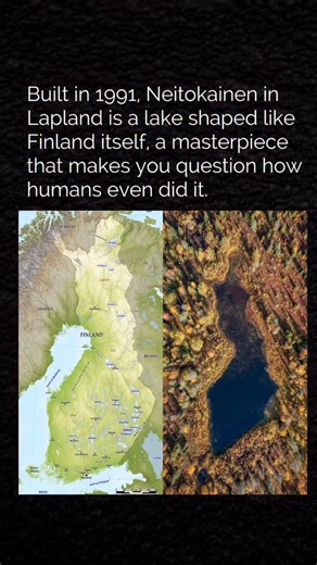 Basically on Instagram: "Neitokainen, a lake in Lapland shaped like Finland, was built in 1991 as part of a tourism project. Even though humans made it, the precision is mind-blowing, it looks almost unreal, like someone traced Finland onto the earth itself. #neitokainen #history"