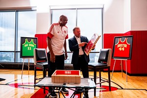Cemented in Rockets history. The moment Elvin Hayes heard from Tilman J. Fertitta that his jersey will hang in the rafters of the Toyota Center. | Houston Rockets