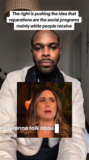 right winged podcaster says that black people don't need reparations bc social programs like section 8, food stamps, scholarships, and DEI that benefit white Americans more is reparations. the rights push to destigmatize the history of slavery, oppression and subjugation of black people in America is really wild to me | Contrasst