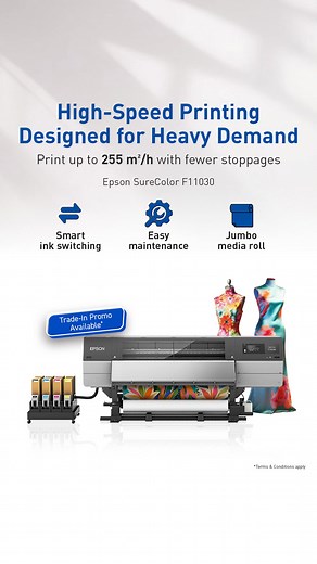 ⚡ Struggling with slow print jobs holding back your business? Meet the Epson SC-F11030 — built for heavy demand, delivering speeds up to 255 m²/h with less downtime. Here’s how it keeps you ahead:  Jumbo rolls for longer print runs  Smart ink switching for nonstop production ️ Easy maintenance to cut downtime Print more, stress less, and grow your business faster. Find out more here: https://enquire.epson.com.my/textile-printers | Epson | Facebook