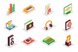 Premium Vector | Music concept 3d isometric icons set pack isometry elements of equalizer piano song volume audio video headphones musical speaker mixer and other vector illustration for modern web design
