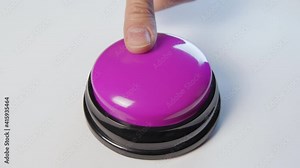 Young woman pushing purple button with a finger and palm of her hand. Press a round glossy button close up. Activation, launching something. Turn on and off.