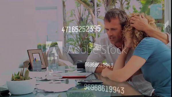 Woman reaching for calculator, man helping, entering numbers amid bills, overlay showing totals