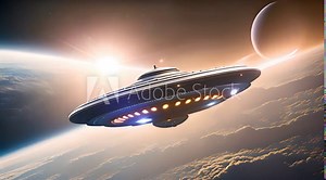 A flying saucer vehicle is seen in space. A UFO, an unidentified flying object, is up in the orbit of planet Earth with sun light. 3D rendering