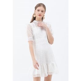 High Neck Full Crochet Mini Dress in White