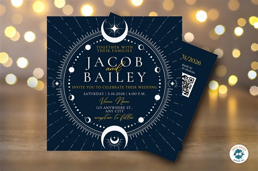Silver Moon and Stars Square Wedding Invitation Template | Front & Back Invite - Etsy