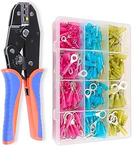 HKS Crimping Tool for Heat Shrink Connectors with 260PCS Marine Grade Heat Shrink Ring Connectors of Tinned Red Copper AWG 22-10