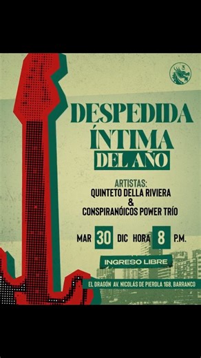 • ᴍᴜ́sɪᴄᴏ • ᴇᴅᴜᴄᴀᴅᴏʀ • ɪɴɢ. ᴅᴇ sᴏɴɪᴅᴏ • 🥁 on Instagram: "Este MARTES 30, se viene el pre cierre del año en una despedida íntima con música en vivo. Una noche en la que nuestro escenario dará un recorrido por diferentes géneros musicales!! 💎🐉🔥 El ingreso es gratuito, ven y disfruta de 2 proyectos, por un lado todo el Jazz fusión de @quintetodellariviera y el Blues-Rock Instrumental de los @conspiranoicospowertrio 🎸🎶 ⏰ Desde las 8:00 PM 🎫INGRESO LIBRE #eldragon #musicaenvivo #liveshow @mura