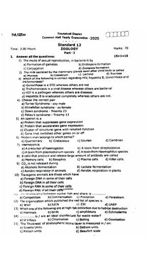 12th zoology half yearly exam question paper 2025|| english medium