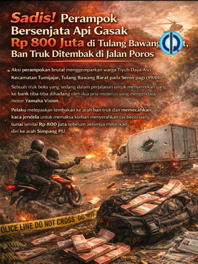 Sadis! Perampok Bersenjata Api Gasak Rp 800 Juta di Tulang Bawang Barat, Ban Truk Ditembak di Jalan Poros #PerampokanLampung #KriminalLampung #TulangBawangBarat #BeritaTerkini #RampokSenpi #LampungUpdate #BreakingNewsIndonesia #PolresTubaba#ViralIndonesia #FYP #BeritaTerkini #BreakingNews