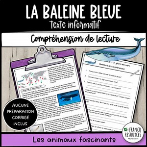 French reading comprehension activities en français la baleine bleue
