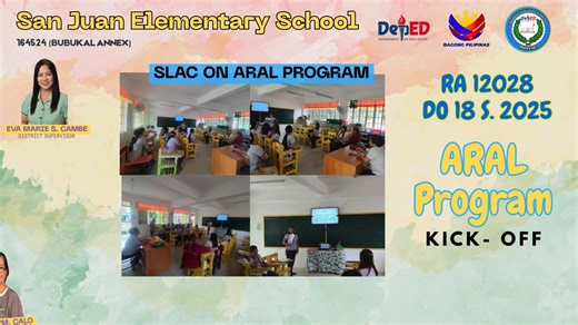 🎉📚 YOU ARE INVITED! ARAL PROGRAM KICK-OFF CEREMONY Together, let’s begin the journey of learning, recovery, and growth! 🌟 San Juan Elementary School warmly invites learners, parents, teachers, and community partners to the Kick-off Ceremony of the ARAL Program — a nationwide learning recovery initiative designed to help students strengthen foundational skills in key subjects. 📅 Date: August 22, 2025 🕘 Time: 7:30 📍 Venue: San Juan Covered Court Brgy. San Juan Santa Cruz, Laguna 🎓 Who’s inv